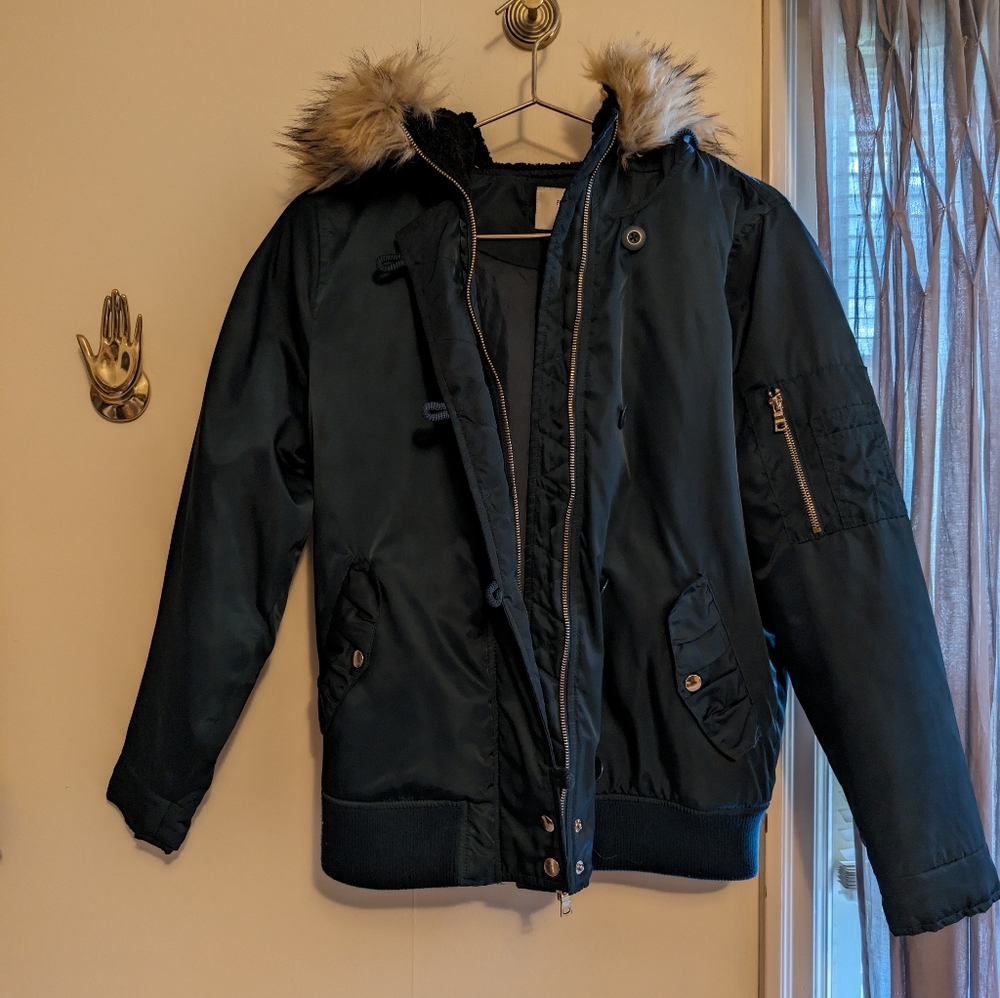 Teal bomber jacket sz S with hood